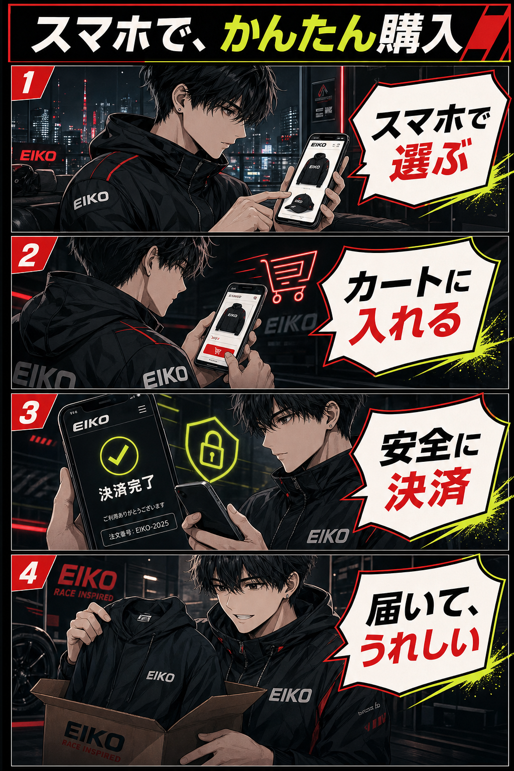 かんたん購入（4コマ漫画）：スマホで選ぶ→カートに入れる→安全に決済→届いて、うれしい