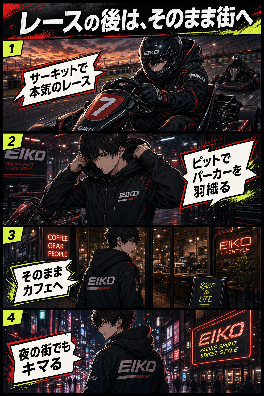レースの後はそのまま街へ（4コマ漫画）：サーキットで本気のレース→ピットでパーカーを羽織る→そのままカフェへ→夜の街でもキマる